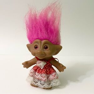 Ace Novelty Troll Doll with Pink Hair and Red Dress Pink Jewel